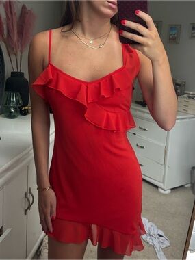 Red Ruffle Asymmetric Slip Dress - Women